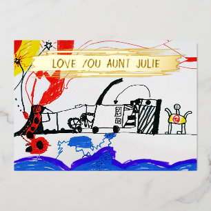 Add Your Kid's Drawing Photo Cute Customized Aunt Foil Holiday Card