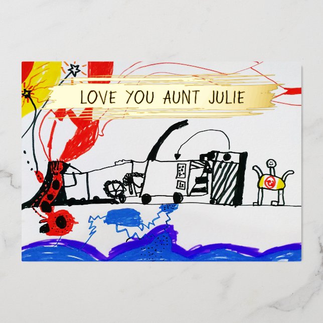 Add Your Kid's Drawing Photo Cute Customized Aunt Foil Holiday Card (Front)