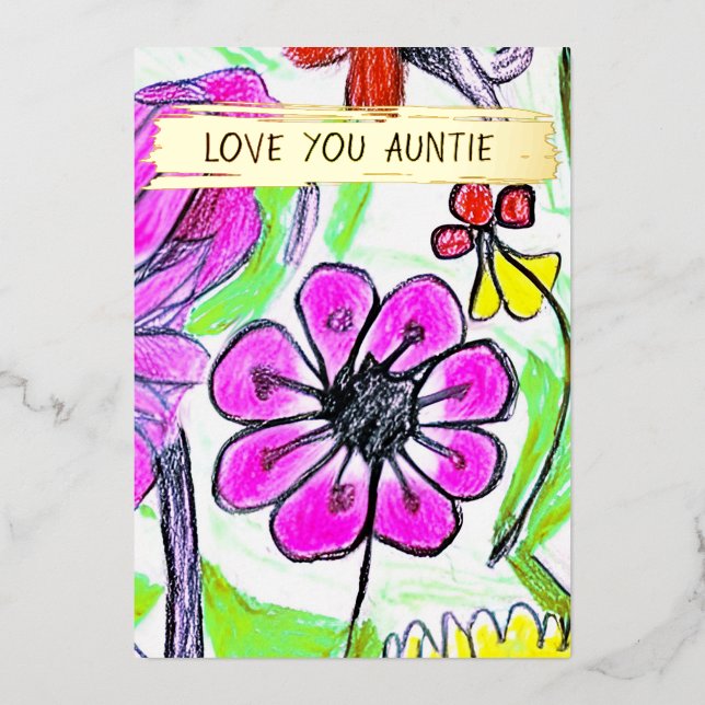   Add Your Kid's Drawing & Photo Personalized Aunt Foil Holiday Card (Front)