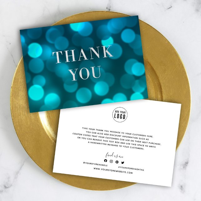 Add Your Logo Aqua Blue Bokeh Lights Faux Silver Thank You Card (Creator Uploaded)