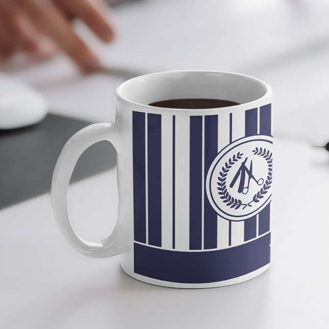 Add your logo barbershop barber name navy white mug (Creator Uploaded)