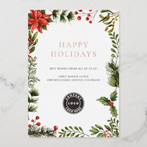 Add Your Logo Business Floral Christmas Rose Gold Foil Holiday Card