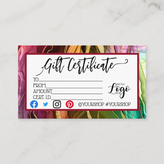 ADD YOUR LOGO Business gift certificate marketing (Front)
