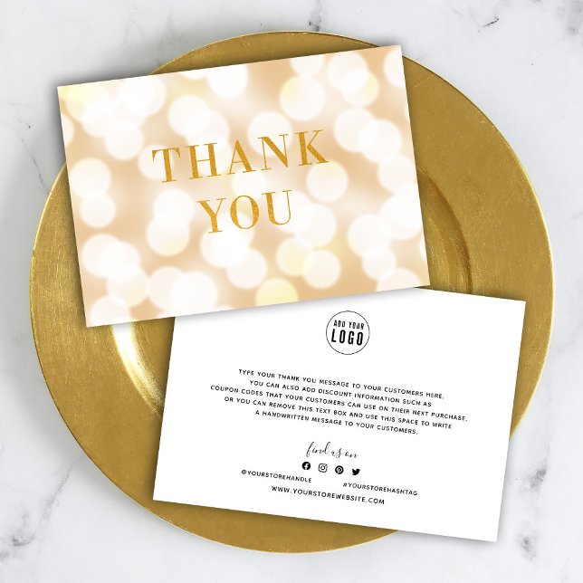 Add Your Logo Champagne Bokeh Lights Faux Gold Thank You Card (Creator Uploaded)
