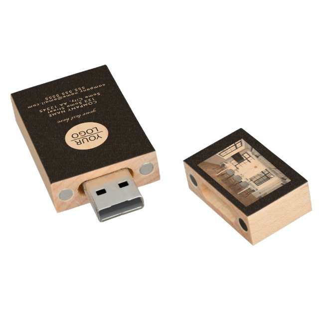 Add your Logo Custom Text Company Photo Black  Wood Flash Drive (Angled)