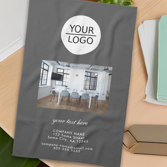 Add your Logo Custom Text Company Photo Grey Kitchen Towel (Creator Uploaded)