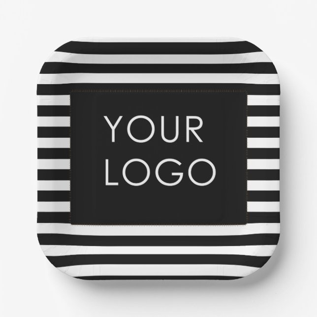 Add Your Logo Customizable Business Black Stripe   Paper Plates (Front)