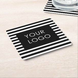 Add Your Logo Customizable Business Black Stripe Square Paper Coaster