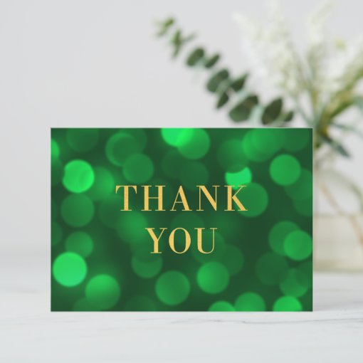 Add Your Logo Emerald Green Bokeh Lights Faux Gold Thank You Card | Zazzle