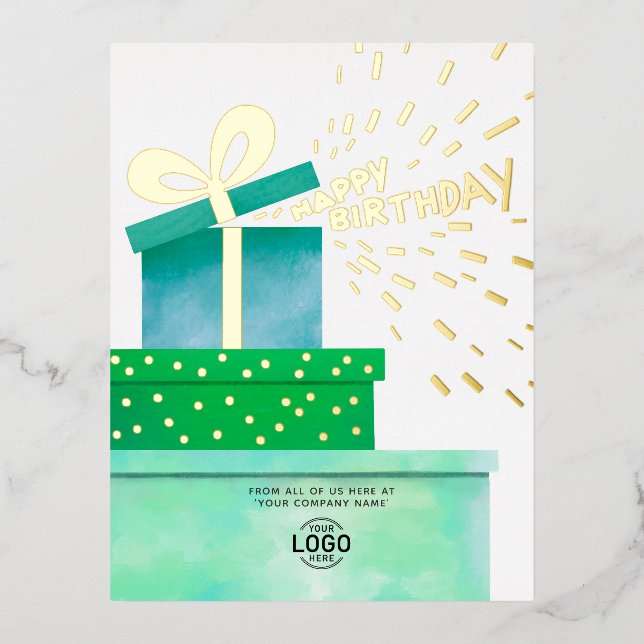 Add Your Logo Fun Green Gifts Boxes Business Foil Holiday Postcard (Front)