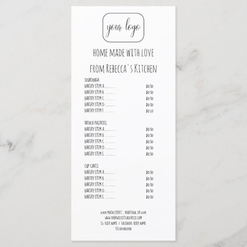 Add Your Logo Homemade  Bakery Price List  Menu