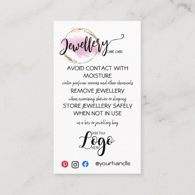 ADD YOUR LOGO jewellery CARE CARDS small business  (Front)