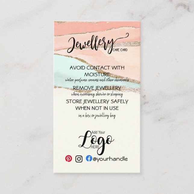 ADD YOUR LOGO jewelry CARE CARDS small business UK (Front)