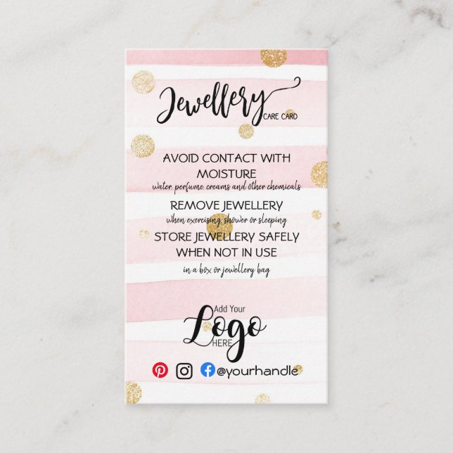 ADD YOUR LOGO jewelry CARE CARDS small business UK (Front)