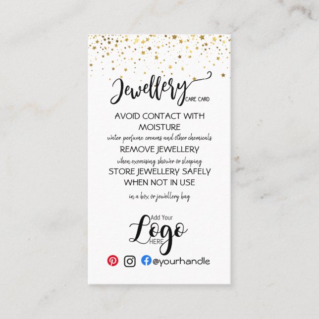 ADD YOUR LOGO jewelry CARE CARDS small business UK (Front)