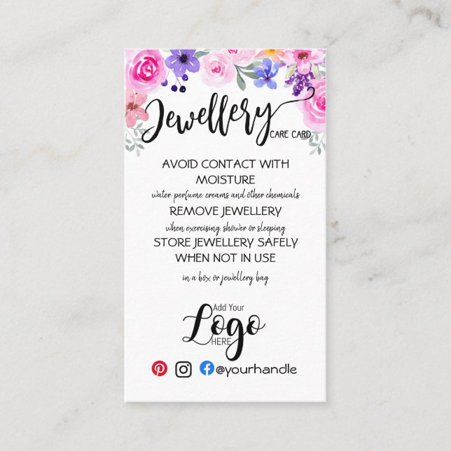 ADD YOUR LOGO jewelry CARE CARDS small business UK (Front)