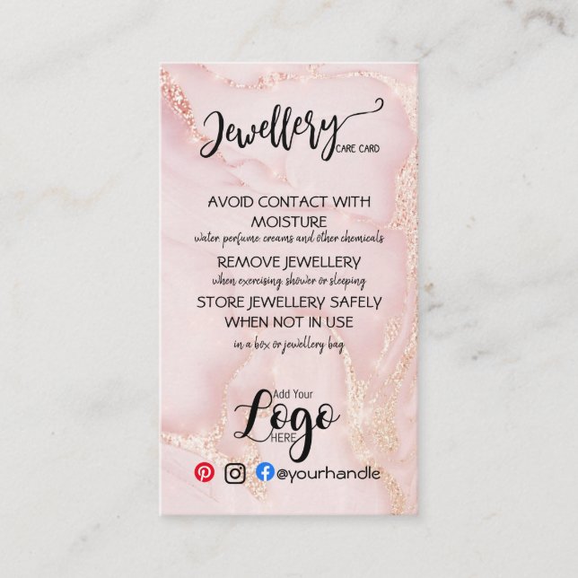 ADD YOUR LOGO jewelry CARE CARDS small business UK (Front)