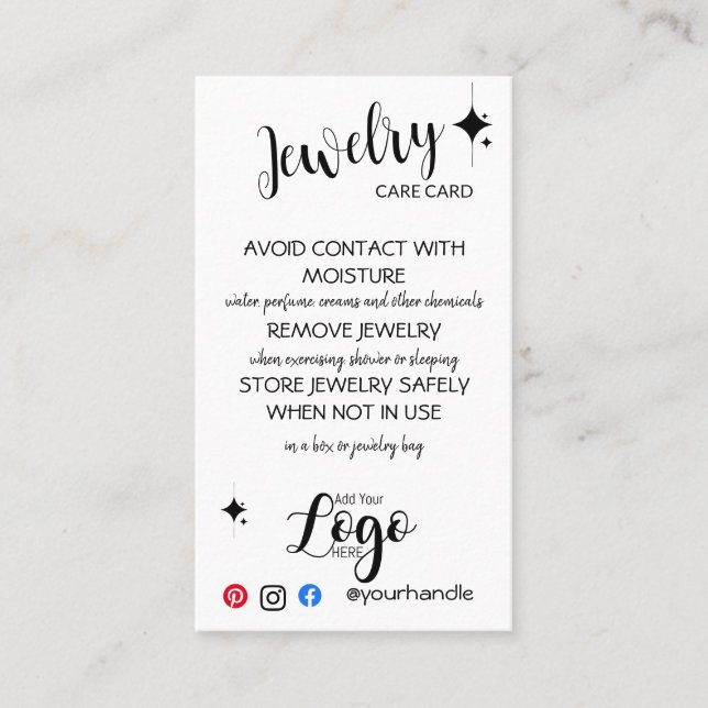 ADD YOUR LOGO jewelry CARE CARDS small business US (Front)