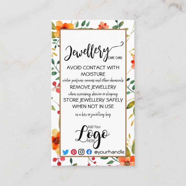 ADD YOUR LOGO jewelry CARE CARDS small UK floral (Front)