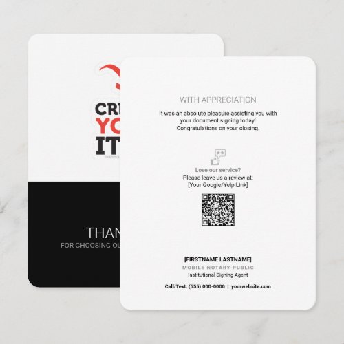 Add your Logo Mobile Notary Public QR Thank You Card