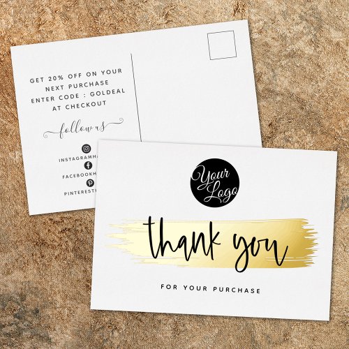    Add Your Logo Modern Black White Gold Thank You Foil Holiday Card