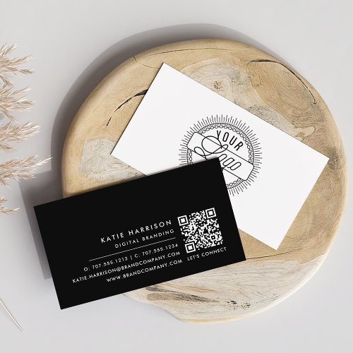Add Your Logo Modern Minimal Black  White QR Code Business Card