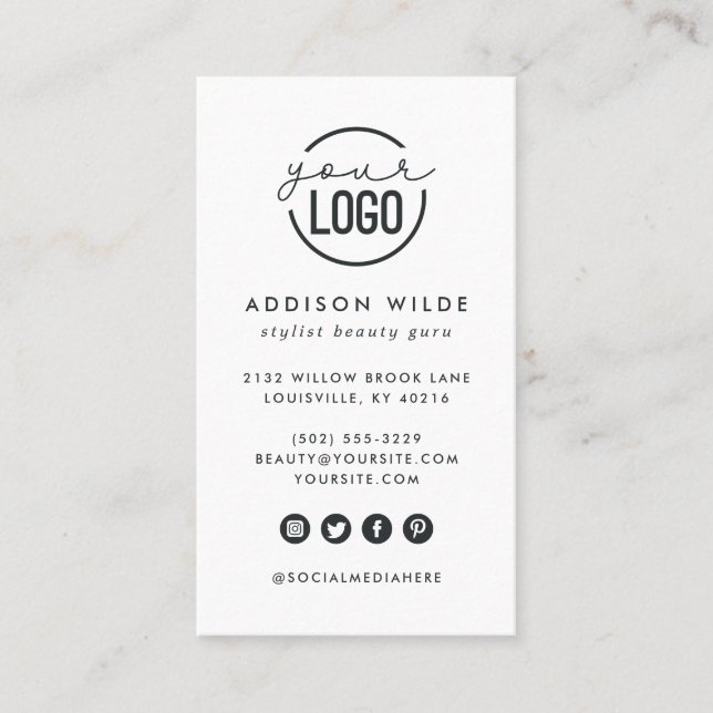 Add Your Logo Modern Minimal Vertical Simple White Business Card (Front)