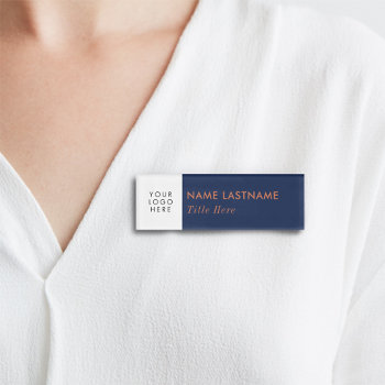 Add Your Logo Navy Blue Brown Elegant White Title Name Tag by pinkpinetree at Zazzle