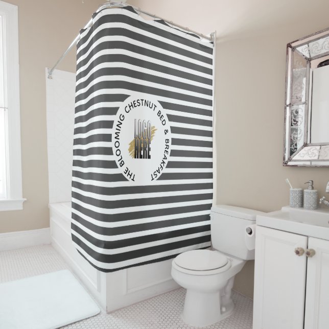 Add Your Logo Plus Business name Gray Striped Shower Curtain (In Situ)