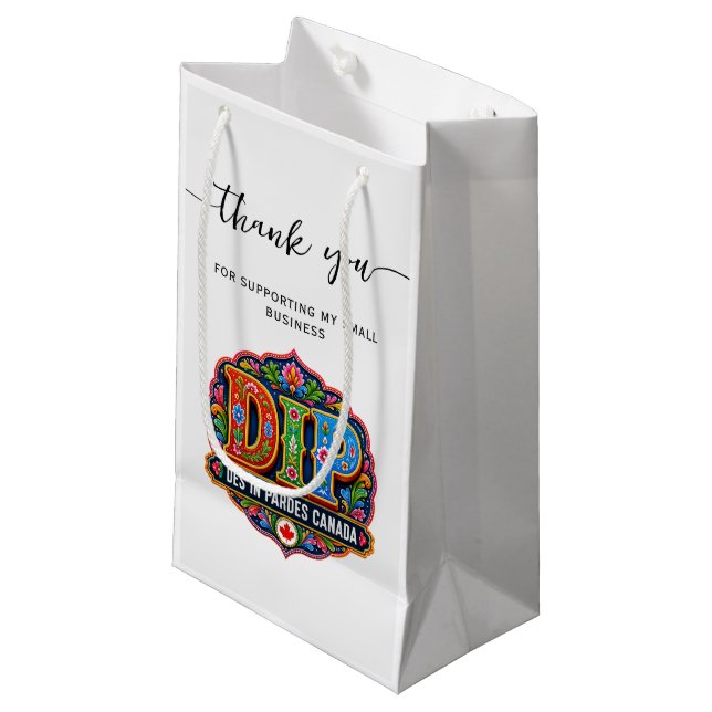 Add your logo qr code social handle small gift bag (Front Angled)
