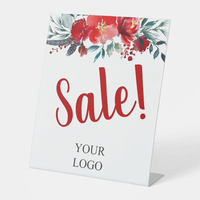 Add Your Logo Red Floral Sale Business Pedestal Sign (Front)