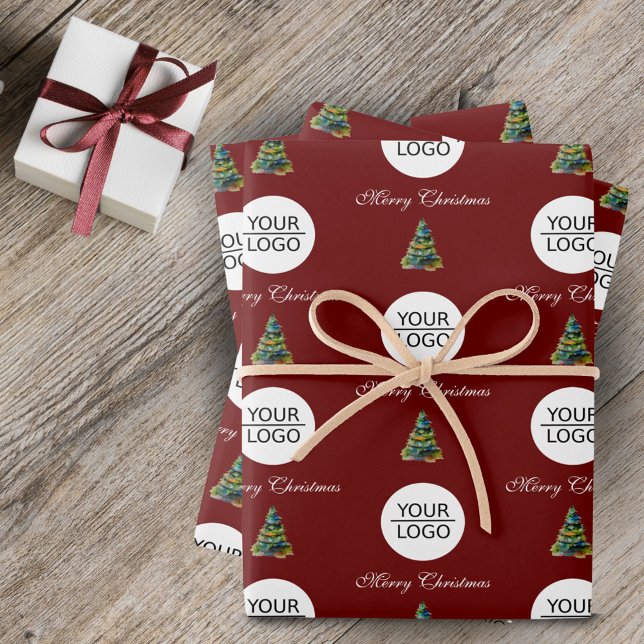 Add your Logo Text Promotion Christmas Tree Red Wrapping Paper Sheets (Creator Uploaded)