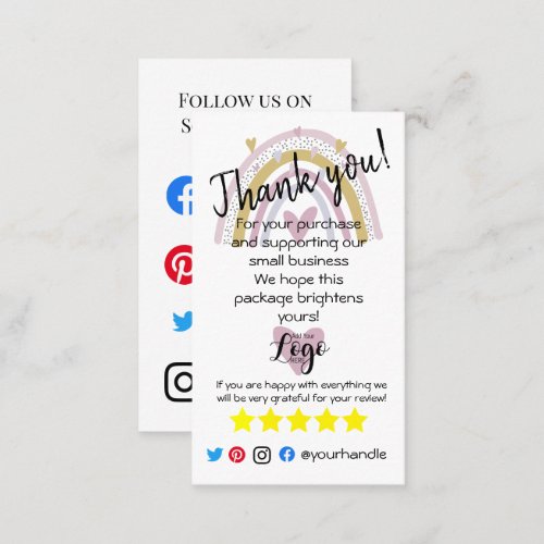 ADD YOUR LOGO thank you order insert card rainbow