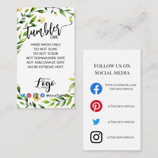 ADD YOUR LOGO tumbler CARE vinyl botanical Business Card (Front/Back)