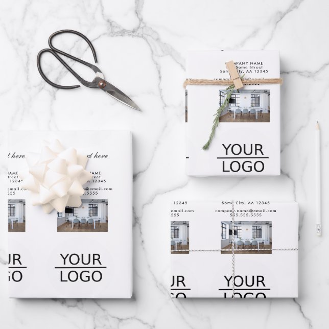 Add your Logo with Custom Text Photo Promotion Wrapping Paper Sheets (Front)