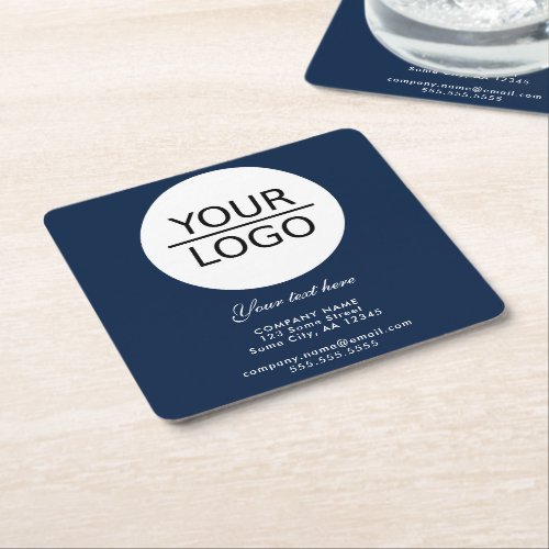 Add your Logo with Custom Text Promotion Navy Blue Square Paper Coaster