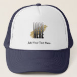 Add Your Logo with Text Trucker Hat<br><div class="desc">A simple and professional look with your logo and additional text. No minimum order,  just purchase what you require. 
Change the font if you prefer to match your company's requirements.</div>