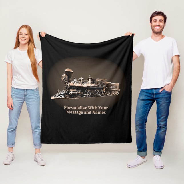 Add Your Message & Names, Brown Steam Train Engine Fleece Blanket (In Situ)