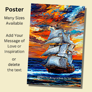 Add Your Message, Sailing Ship Blue Sea at Sunset  Poster