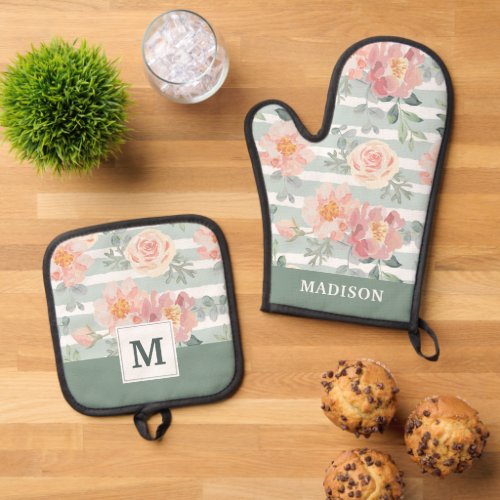 Add Your Monogram  Alicia Rose Stripe Pattern Oven Mitt  Pot Holder Set