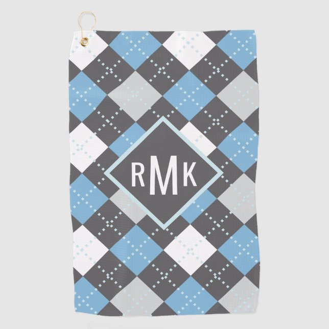 Add Your Monogram | Blue & Gray Argyle Pattern Golf Towel (Front)