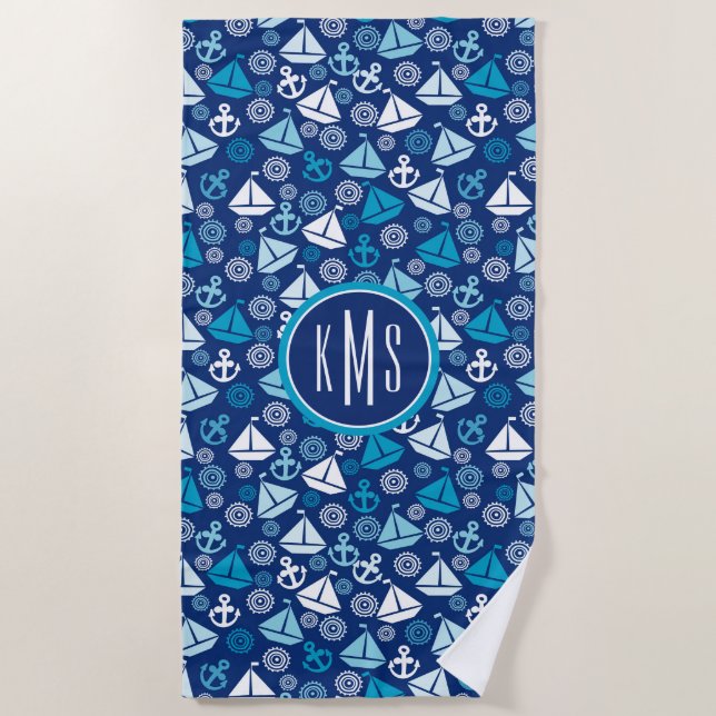 Add Your Monogram | Cartoon Pattern With Sailboats Beach Towel (Front)