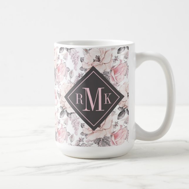 Add Your Monogram | Classic Pink & Gray Pattern Coffee Mug (Right)