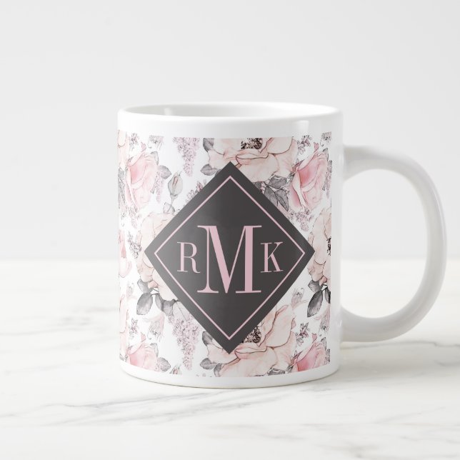 Add Your Monogram | Classic Pink & Gray Pattern Giant Coffee Mug (Right)