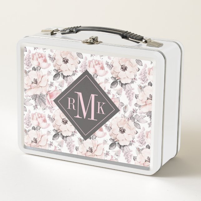 Add Your Monogram | Classic Pink & Gray Pattern Metal Lunch Box (Front)