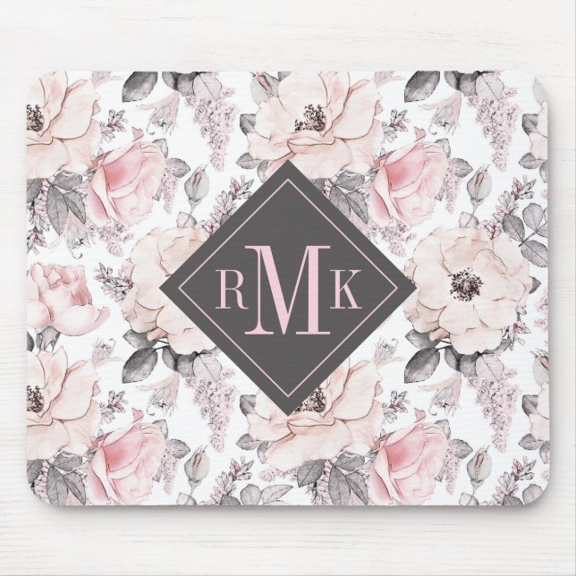 Add Your Monogram | Classic Pink & Gray Pattern Mouse Pad (Front)
