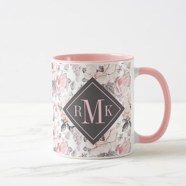 Add Your Monogram | Classic Pink & Gray Pattern Mug (Right)