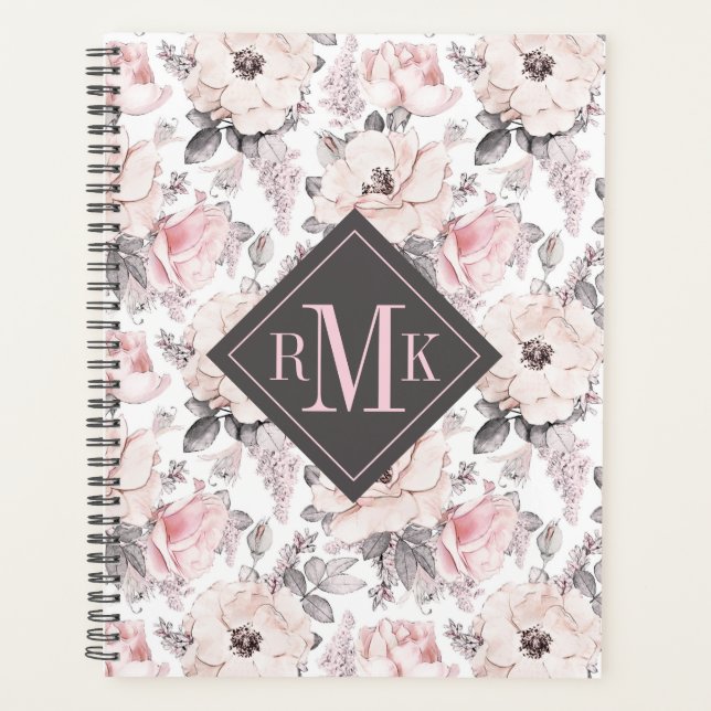Add Your Monogram | Classic Pink & Gray Pattern Planner (Front)