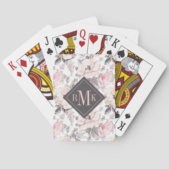 Add Your Monogram | Classic Pink & Gray Pattern Poker Cards (Back)