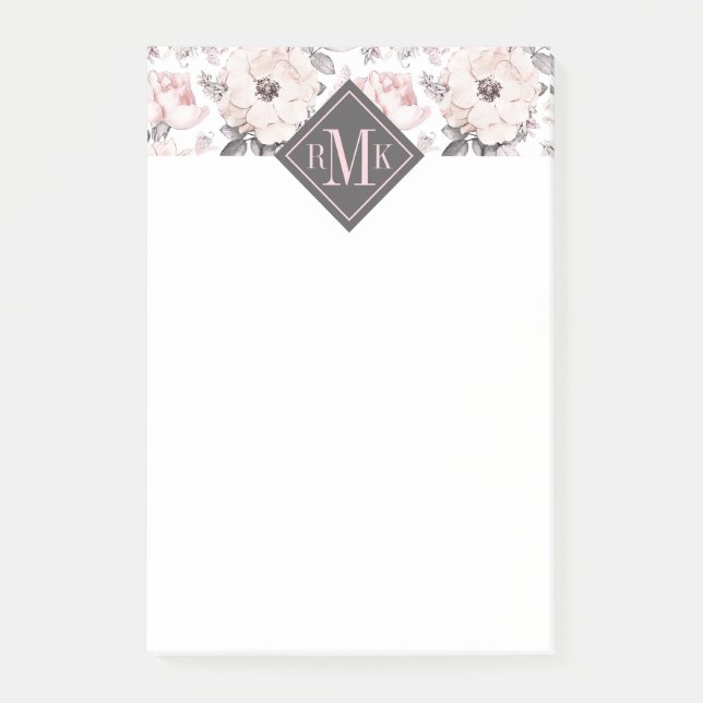 Add Your Monogram | Classic Pink & Gray Pattern Post-it Notes (Front)